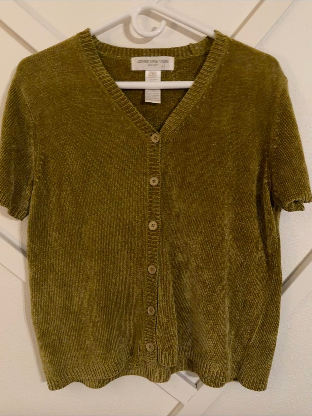 Jones New York Olive-Green Short Sleeve V-Neck Button Cardigan